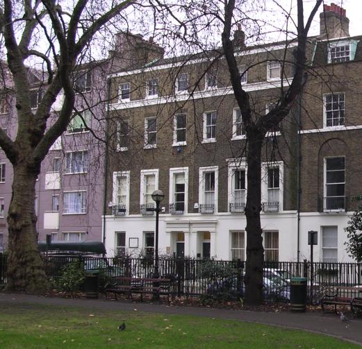 17 Red Lion Square, London, where William Morris lived as a young man with his friend Edward Burne-Jones from 1856 to 1859. Their house was the left of the pair of houses seen in the picture.