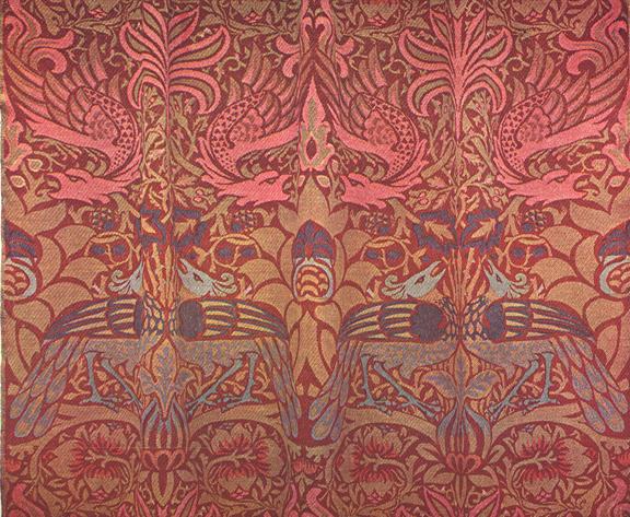 “Peacock and Dragon” woven wool fabric. Designed by William Morris in 1878. Produced both at Queen Square and later at Merton Abbey The design was used for wall hangings; came in different colourways.